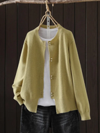 Women crew neck cardigan with pearl buttons relaxed fit in multiple colors