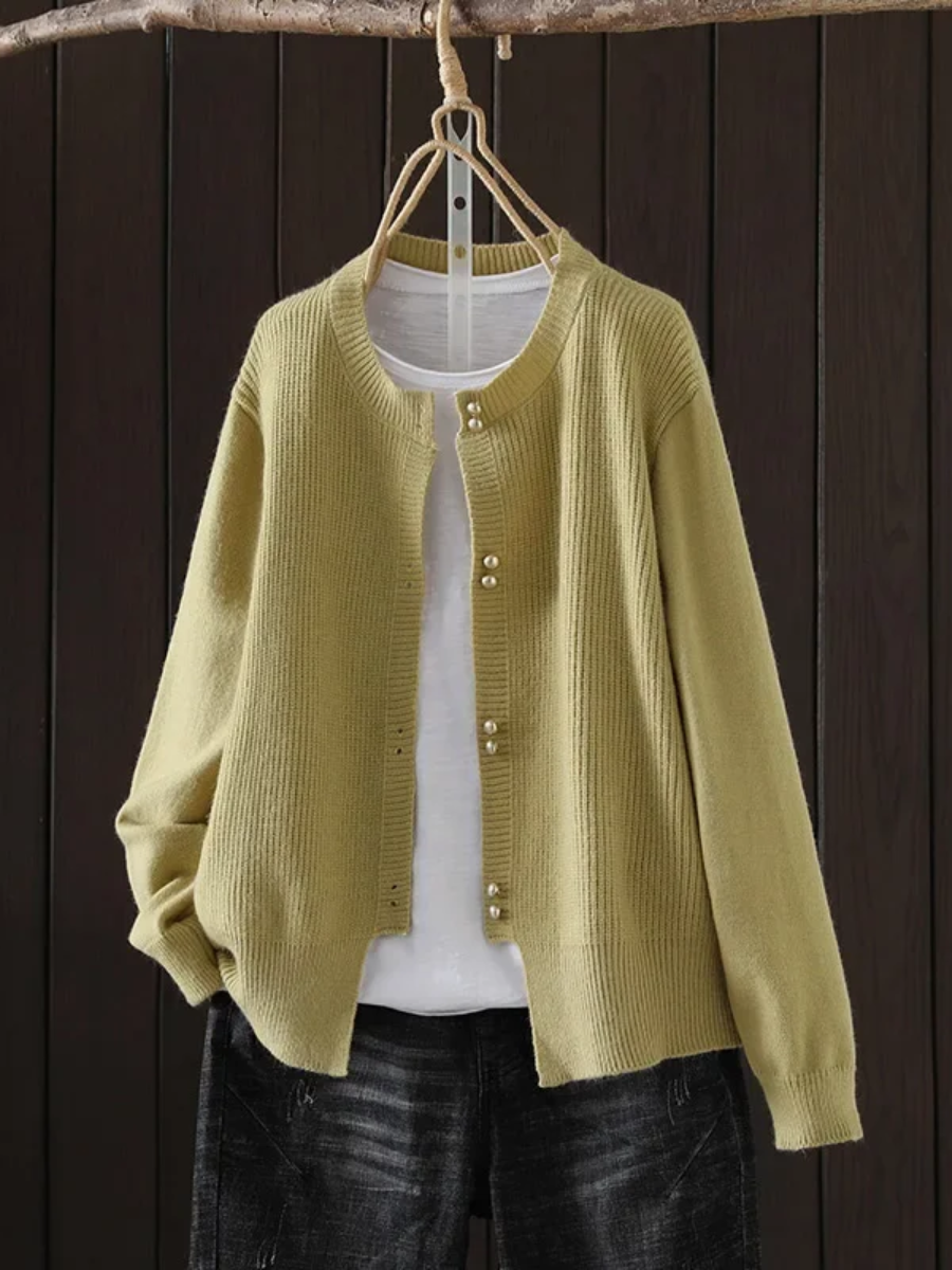 Women crew neck cardigan with pearl buttons relaxed fit in multiple colors