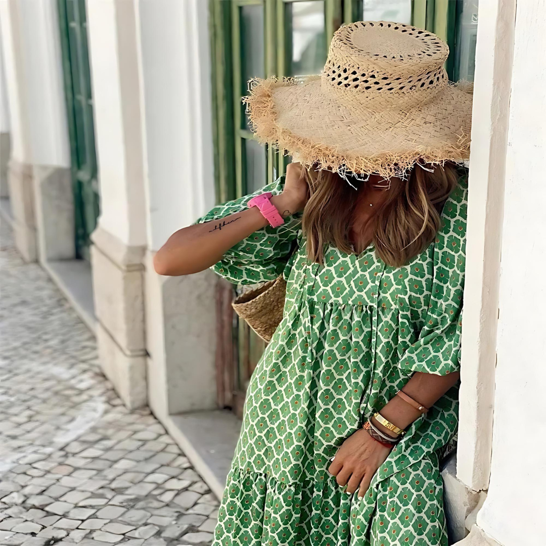 Women's spring dress lightweight flowy casual day dress in green and white
