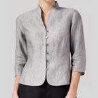 Women's stand-collar blouse with button-front placket and three-quarter sleeves