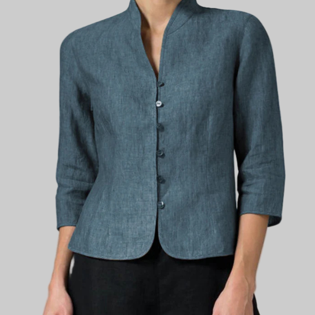 Women's stand-collar blouse with button-front placket and three-quarter sleeves