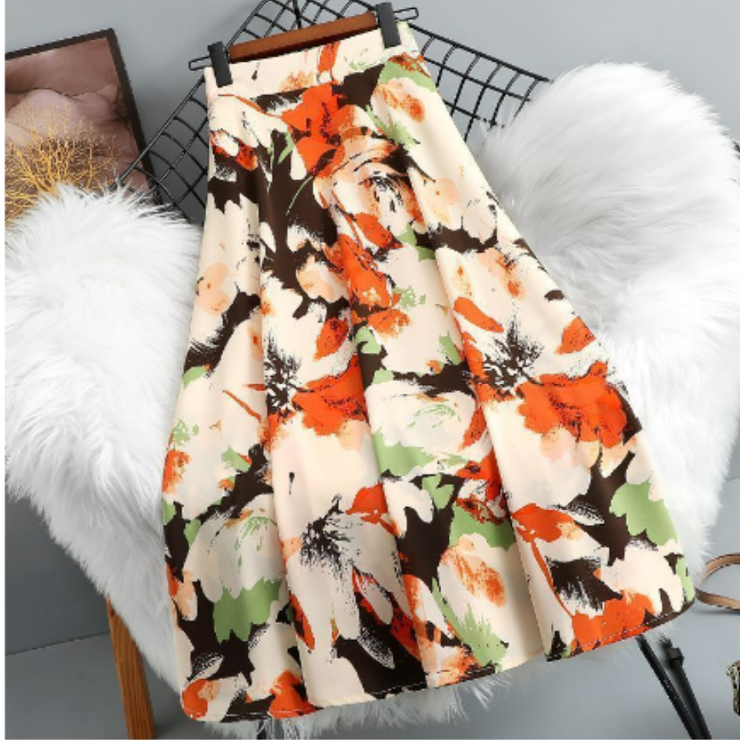Women's A-line skirt with vibrant floral print, available in multiple colors