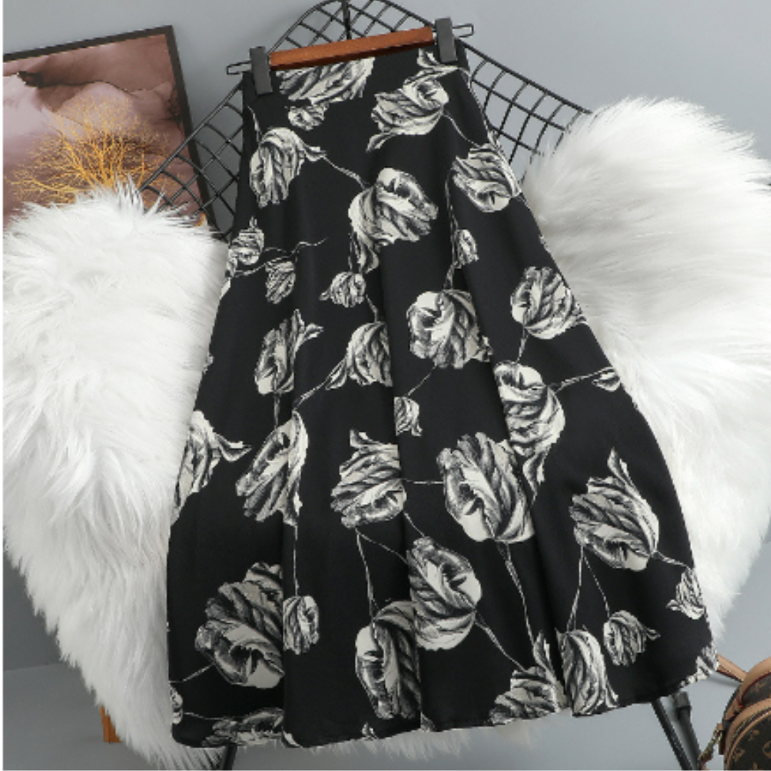 Women's A-line skirt with vibrant floral print, available in multiple colors