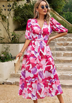 Floral midi dress with puff sleeves and flattering waist-tailored fit