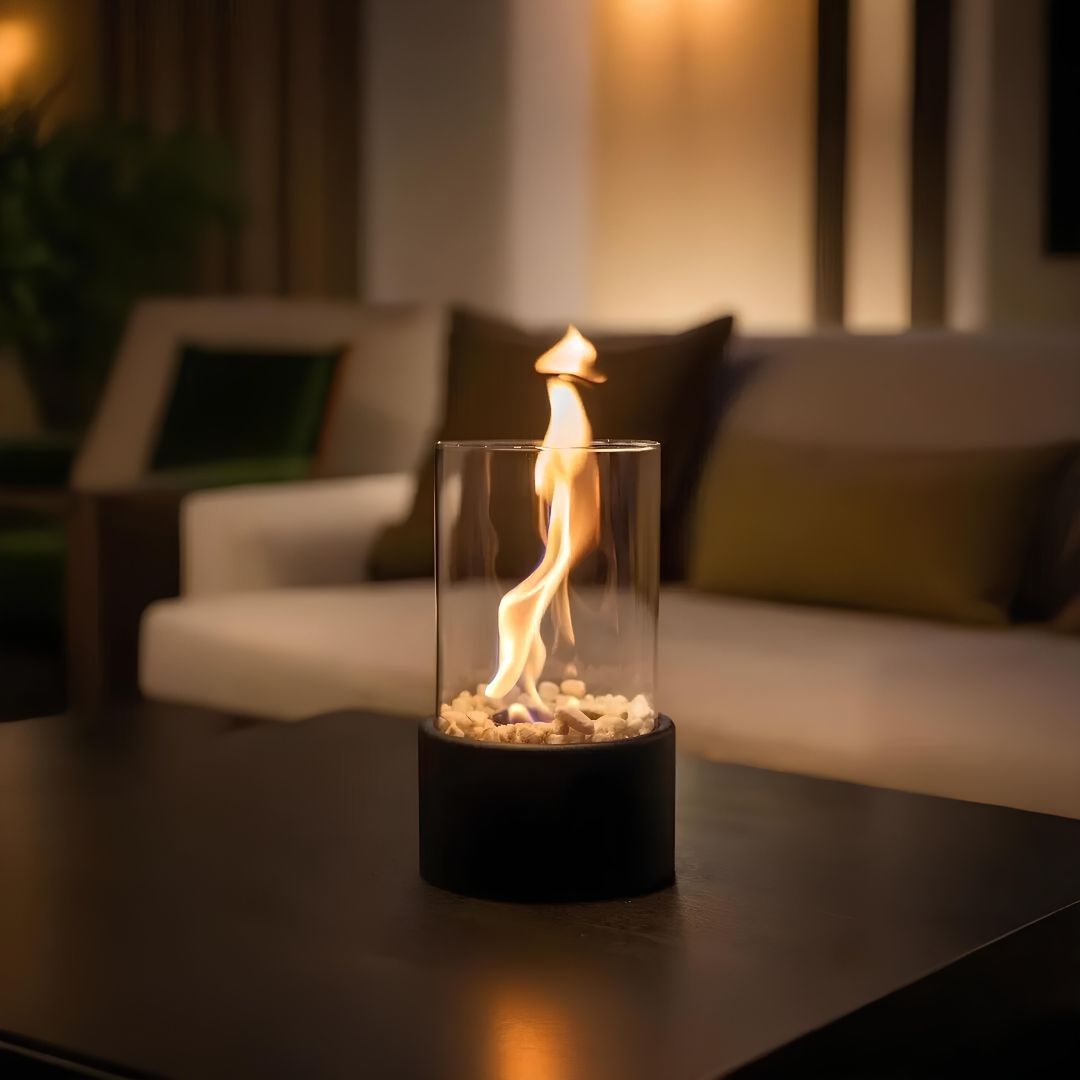 Decorative ethanol oil lamp with metal frame, glass cylinder, and decorative stones, indoor and outdoor