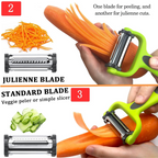 3-in-1 vegetable peeler with julienne slicer and ergonomic handle for kitchen food prep