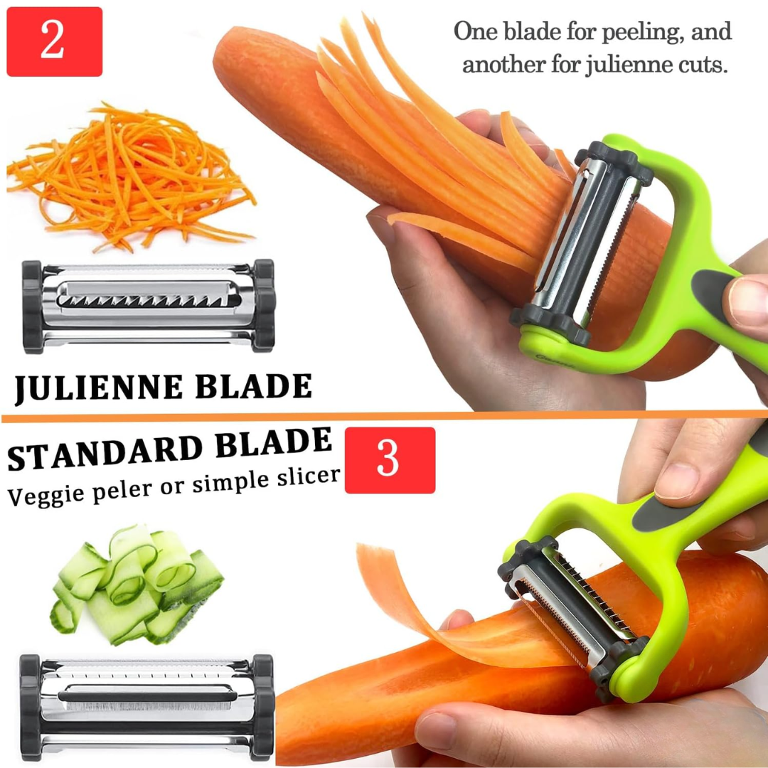 3-in-1 vegetable peeler with julienne slicer and ergonomic handle for kitchen food prep