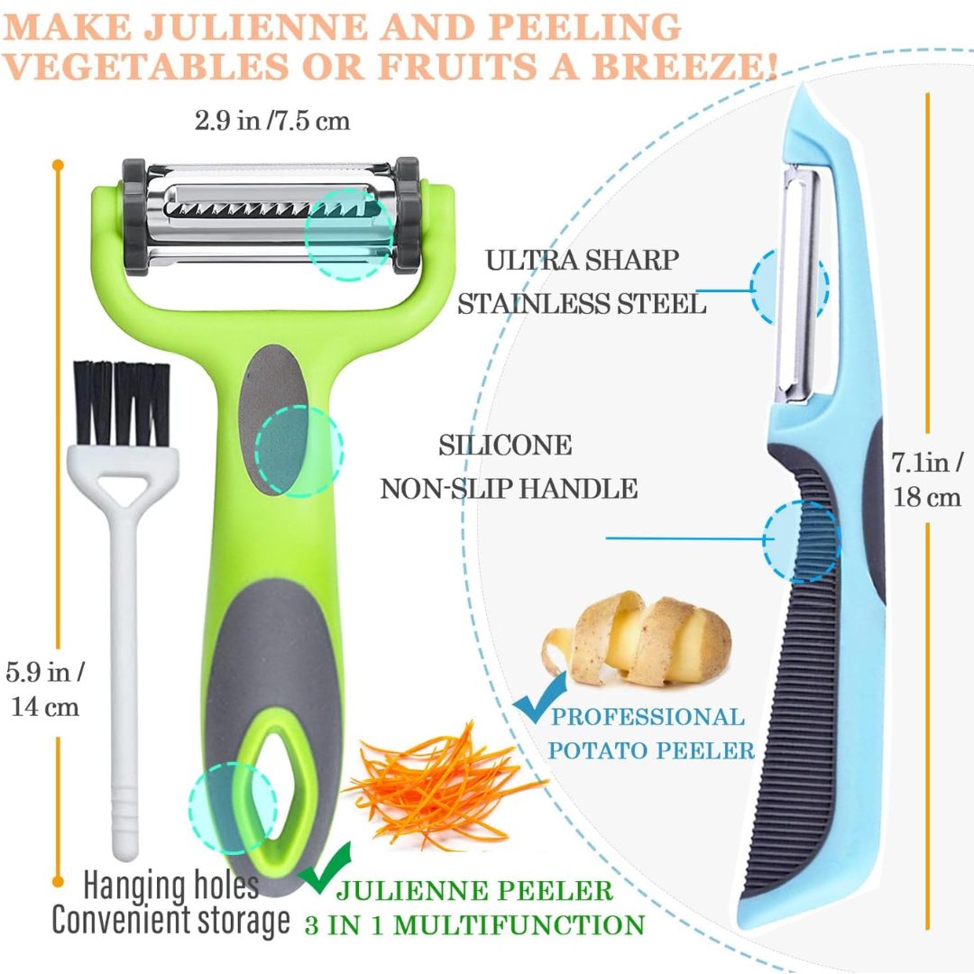 3-in-1 vegetable peeler with julienne slicer and ergonomic handle for kitchen food prep