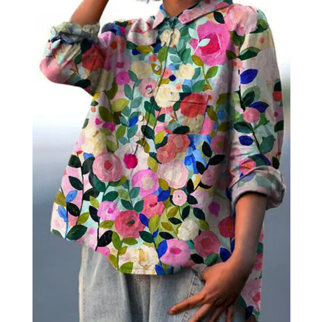 Women floral print blouse long sleeve V-neck regular fit