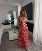 Women tulle floral maxi dress with plunge neckline and 3D flower appliqués