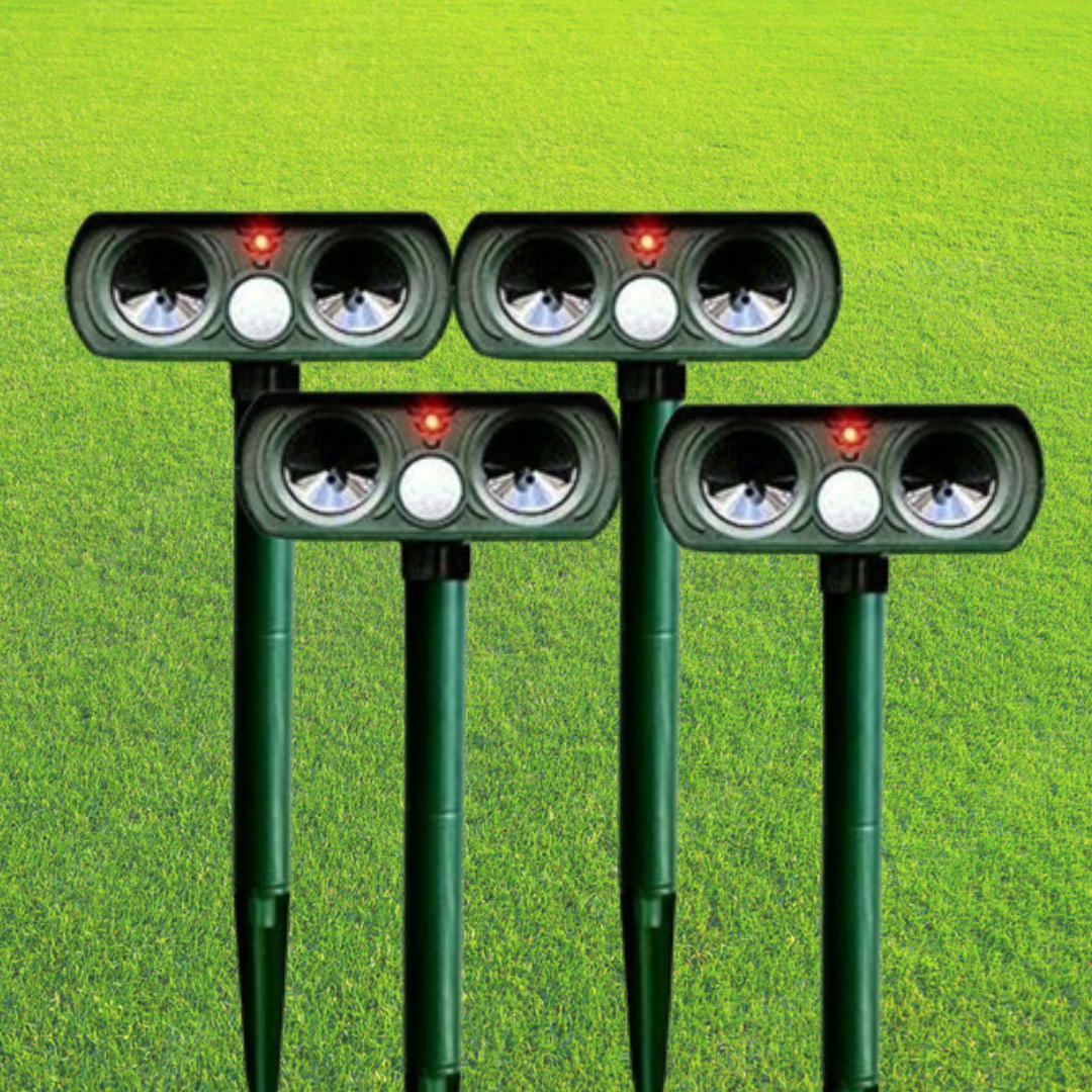 Solar powered ultrasonic pest repeller with PIR motion sensor for outdoor garden use