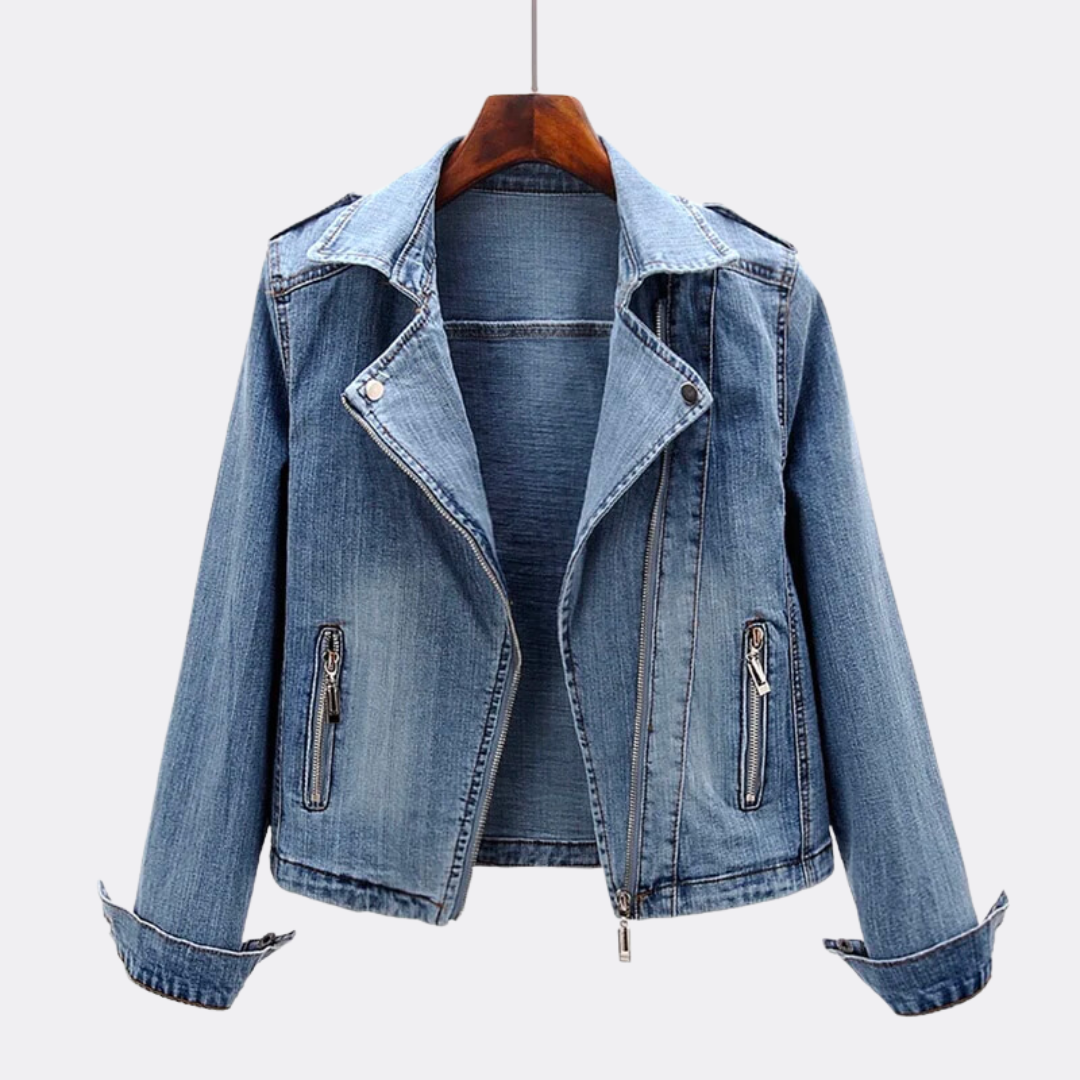 Women casual denim jacket relaxed fit with button-front closure and chest pockets