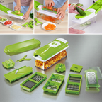 Vegetable chopper 12-in-1 with stainless steel blades, white and green, large catch container