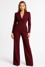 Women's long sleeve wrap jumpsuit with wide leg, office and evening style