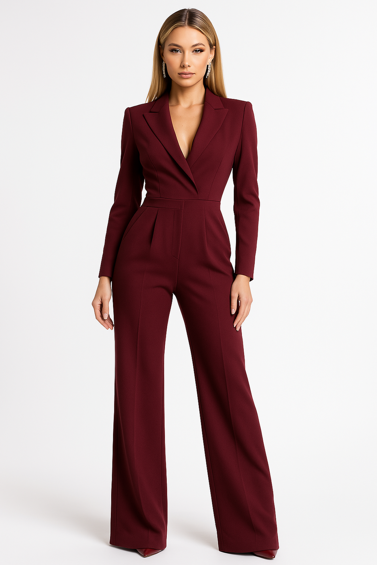 Women's long sleeve wrap jumpsuit with wide leg, office and evening style