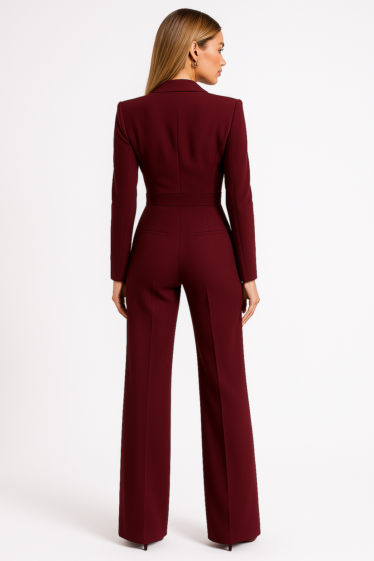 Women's long sleeve wrap jumpsuit with wide leg, office and evening style