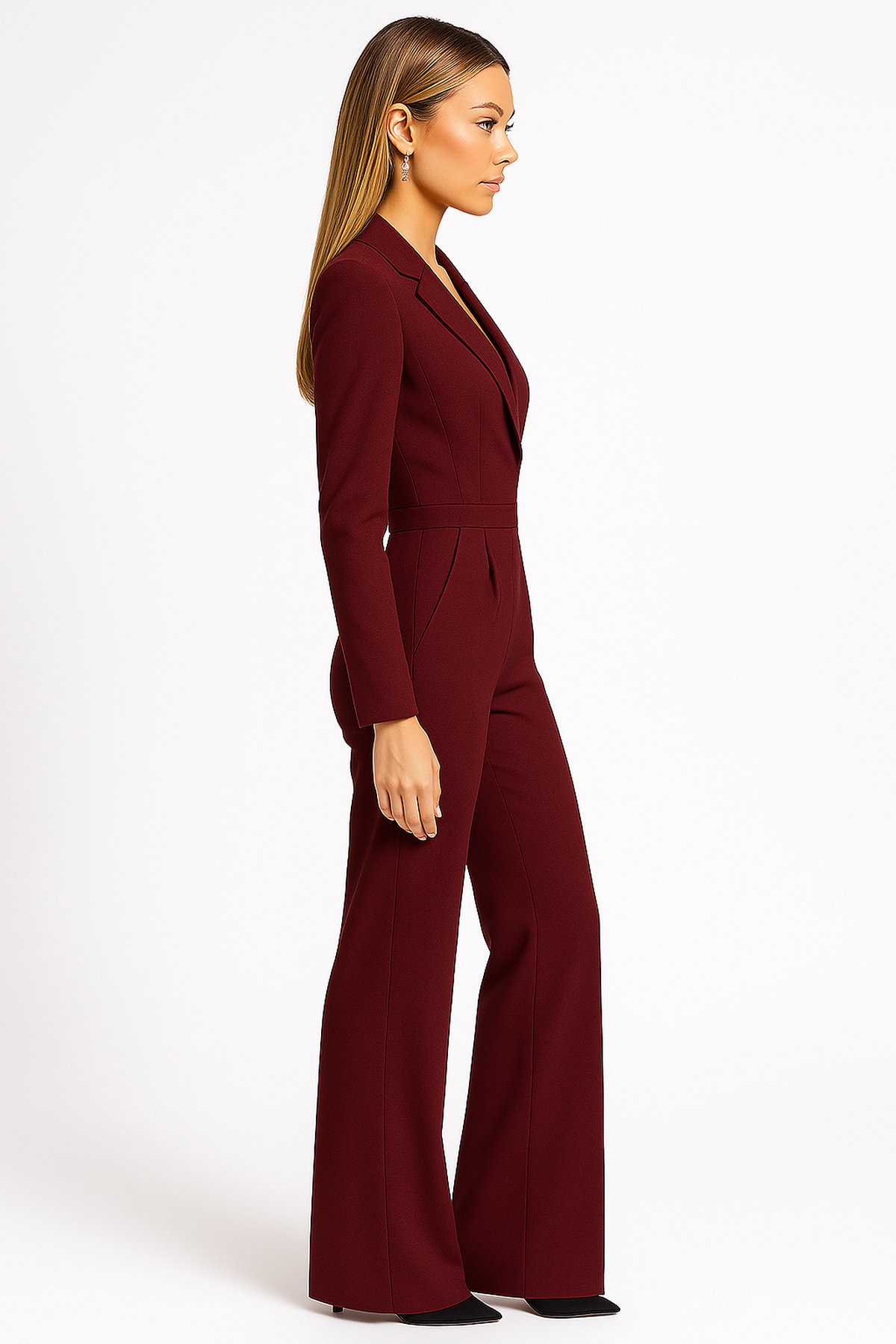 Women's long sleeve wrap jumpsuit with wide leg, office and evening style