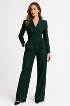 Women's long sleeve wrap jumpsuit with wide leg, office and evening style