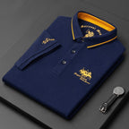 Men's short sleeve polo shirt with embroidered detail and button placket