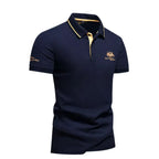 Men's short sleeve polo shirt with embroidered detail and button placket