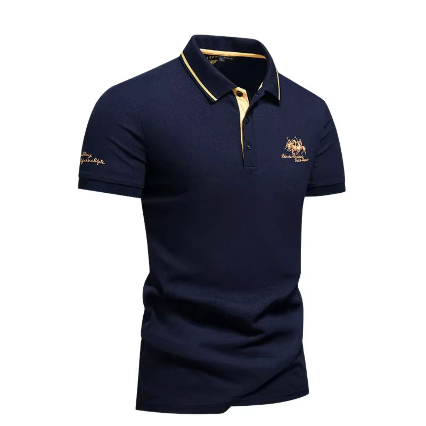 Men's short sleeve polo shirt with embroidered detail and button placket