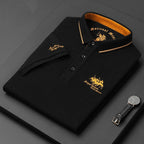 Men's short sleeve polo shirt with embroidered detail and button placket