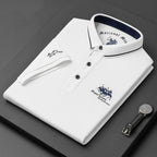 Men's short sleeve polo shirt with embroidered detail and button placket