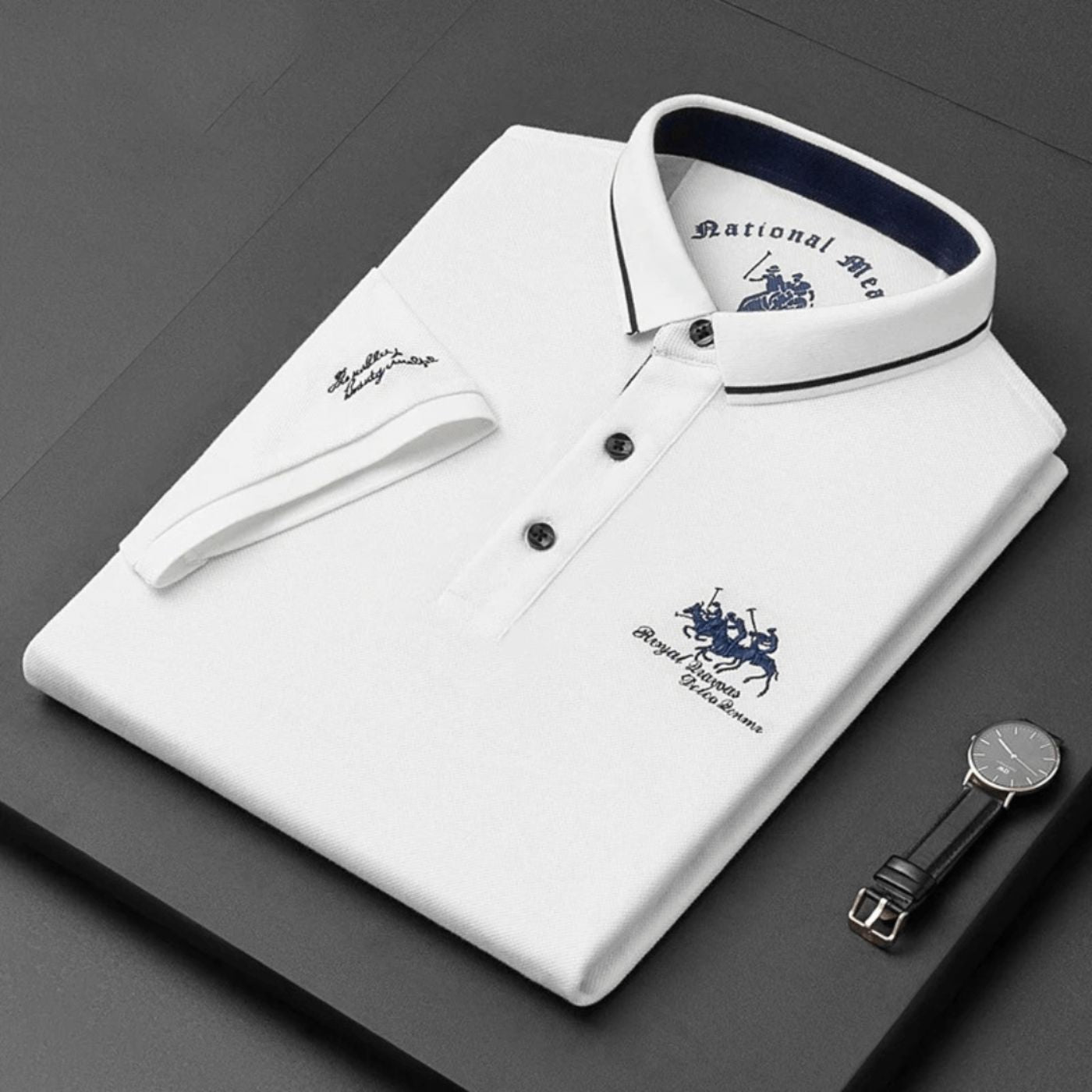 Men's short sleeve polo shirt with embroidered detail and button placket