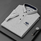Men's short sleeve polo shirt with embroidered detail and button placket