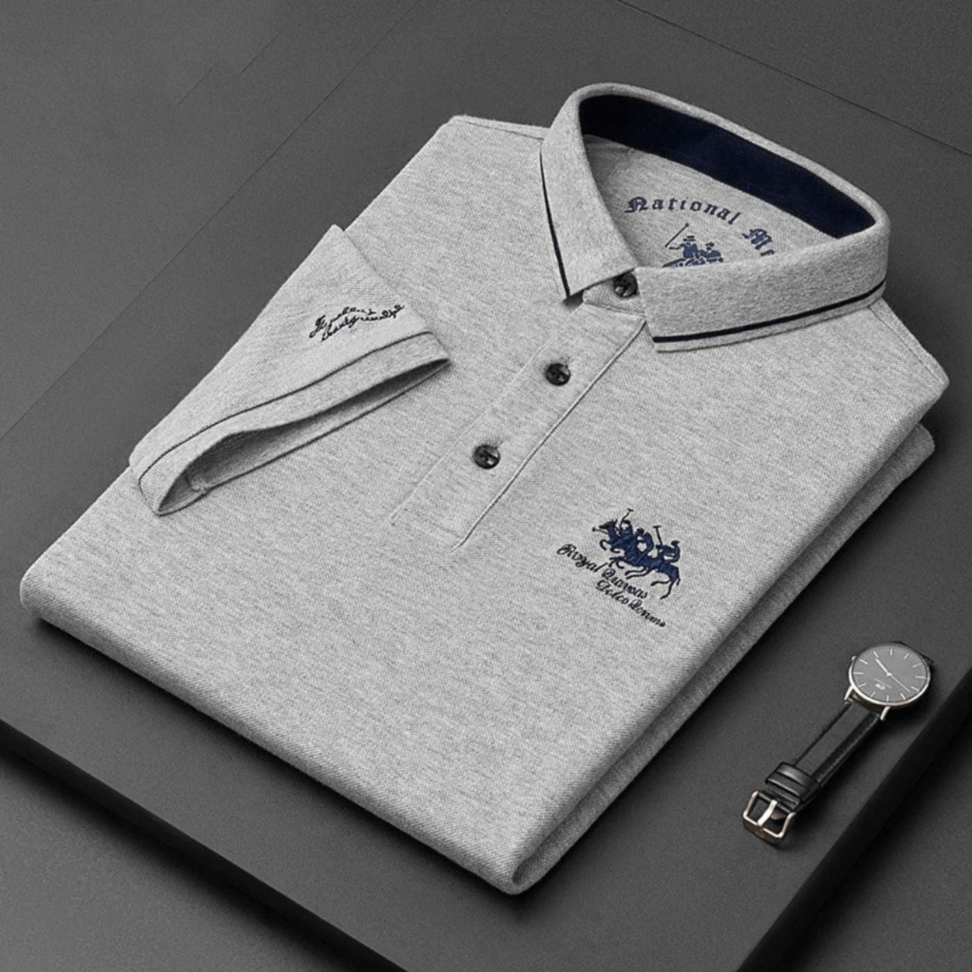 Men's short sleeve polo shirt with embroidered detail and button placket