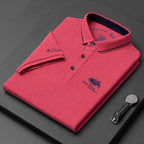 Men's short sleeve polo shirt with embroidered detail and button placket