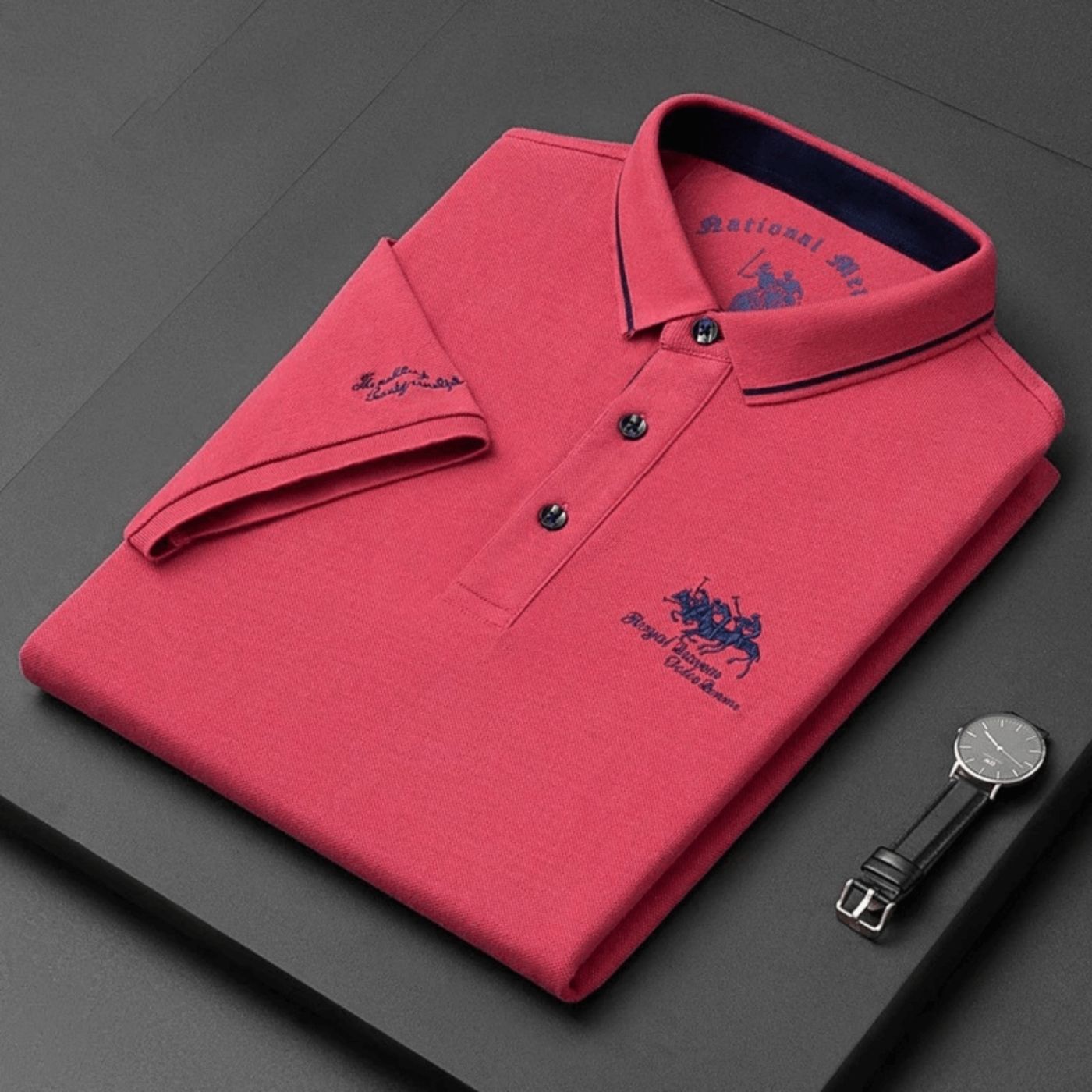 Men's short sleeve polo shirt with embroidered detail and button placket