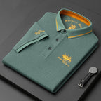 Men's short sleeve polo shirt with embroidered detail and button placket