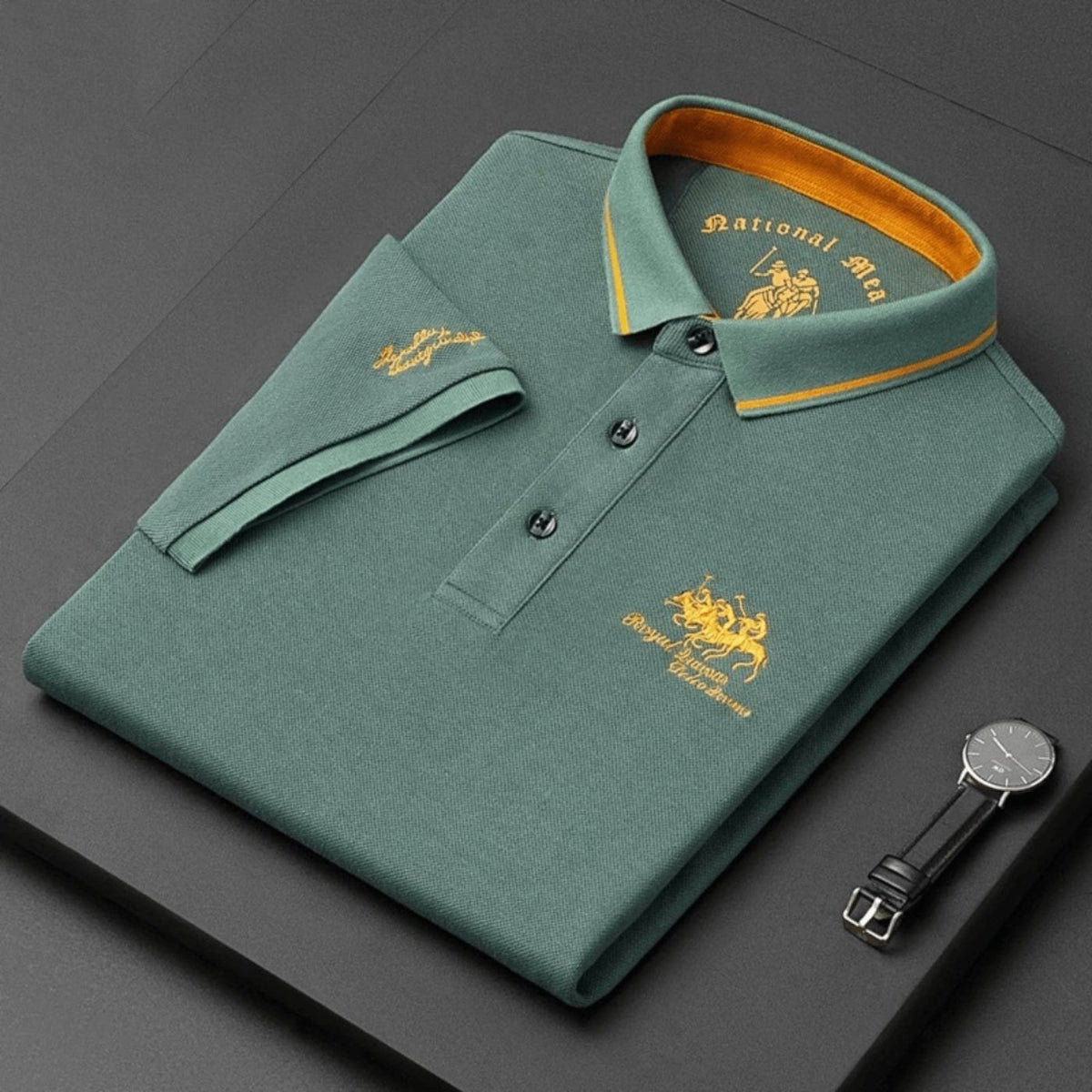 Men's short sleeve polo shirt with embroidered detail and button placket