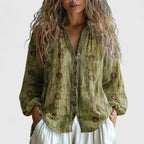Women blouse retro leaf print in green pink and purple relaxed fit