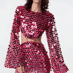 Women sequin mini dress with flared sleeves and waist cut-out detail