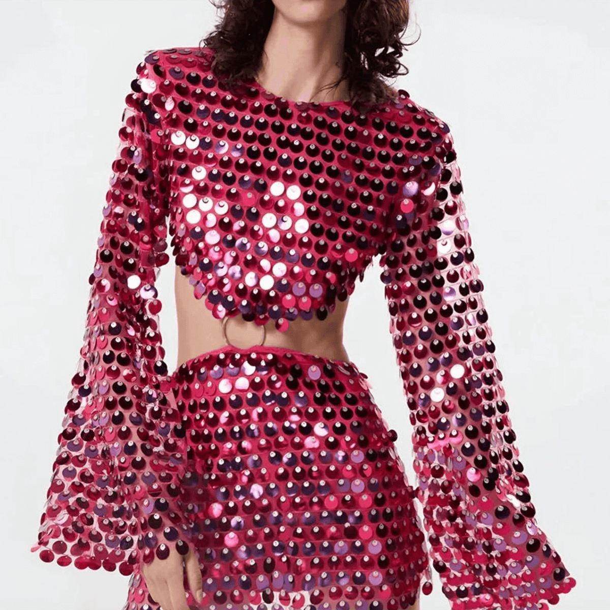 Women sequin mini dress with flared sleeves and waist cut-out detail
