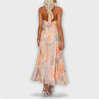 Women watercolor print halter maxi dress flowing silhouette peach