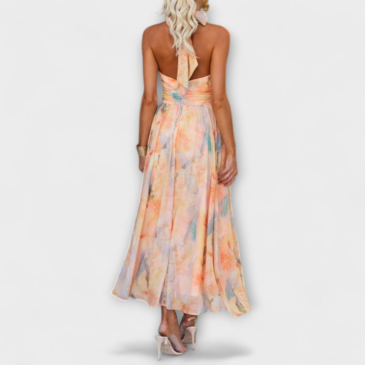 Women watercolor print halter maxi dress flowing silhouette peach