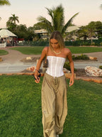 Women's strapless corset top, structured fitted bandeau style in beige, white and black