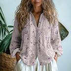 Women's linen button-down blouse long sleeve with contrast trim placket