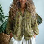 Women's linen button-down blouse long sleeve with contrast trim placket