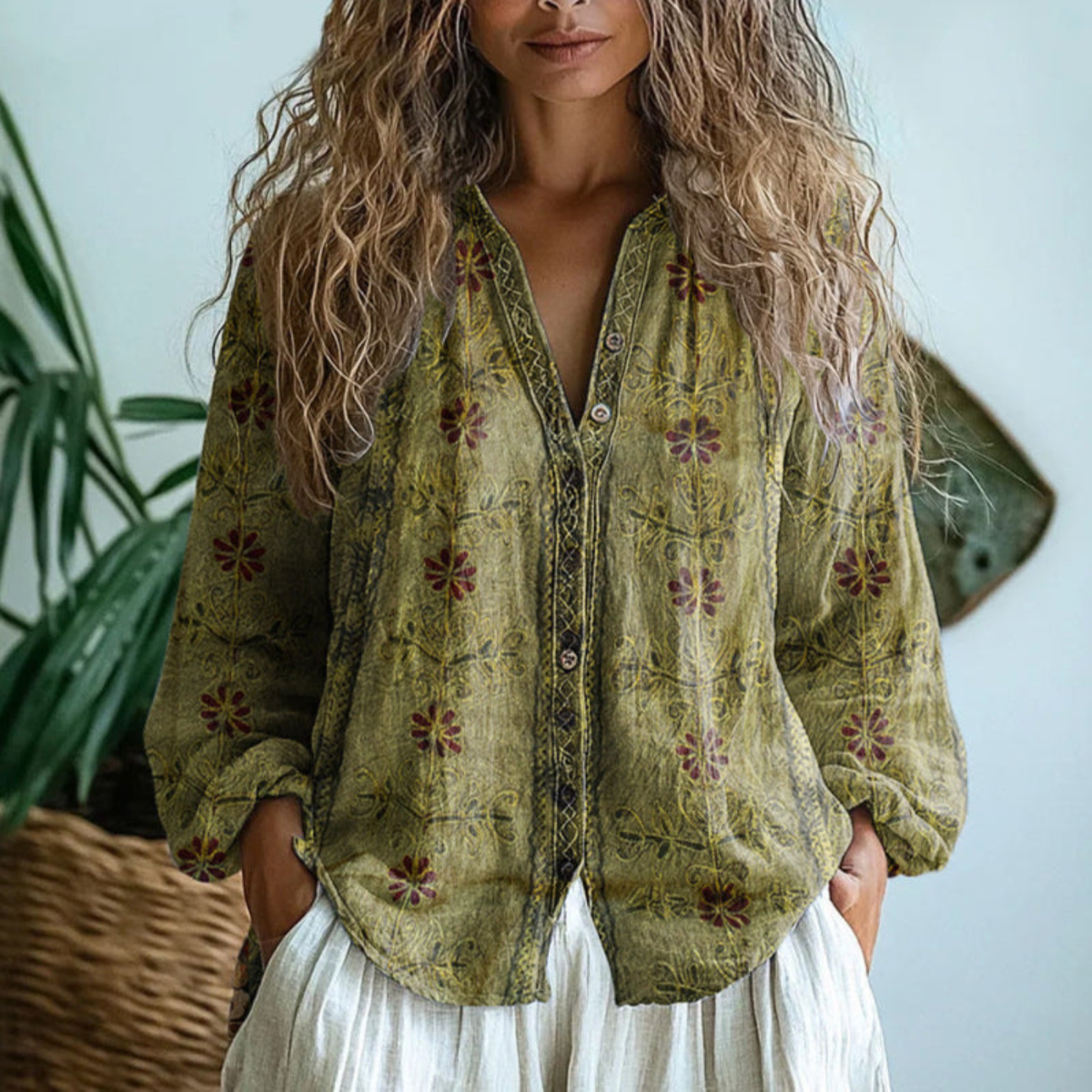 Women's linen button-down blouse long sleeve with contrast trim placket