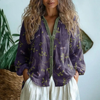 Women's linen button-down blouse long sleeve with contrast trim placket