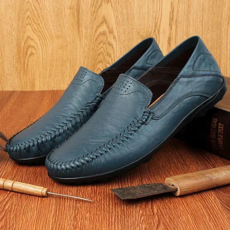 Men's genuine leather loafers Italian style slip-on, available in black, blue, tan and coffee