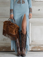 Women's long sleeve maxi dress with fringe detail, boho western style