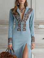 Women's long sleeve maxi dress with fringe detail, boho western style