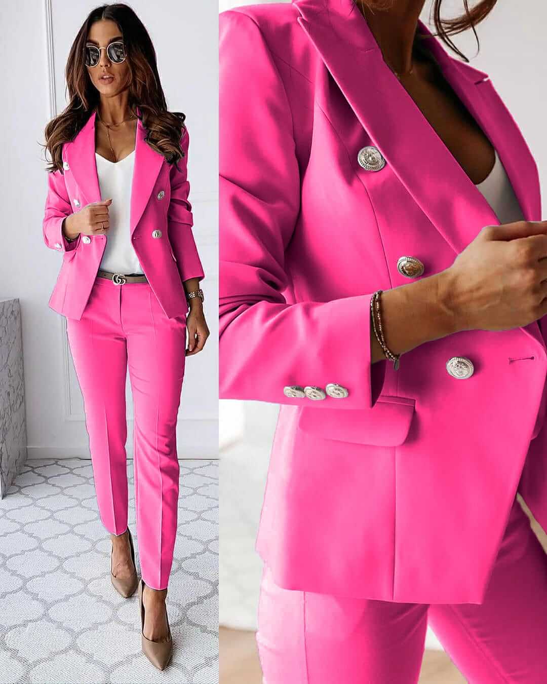 Women's suit set with tailored blazer and slim trousers, office-ready two-piece outfit