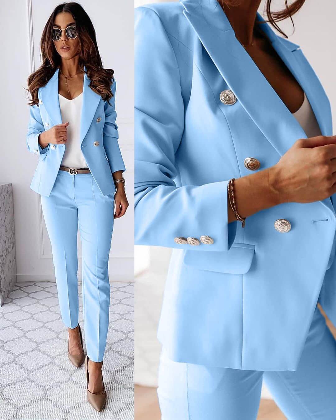 Women's suit set with tailored blazer and slim trousers, office-ready two-piece outfit
