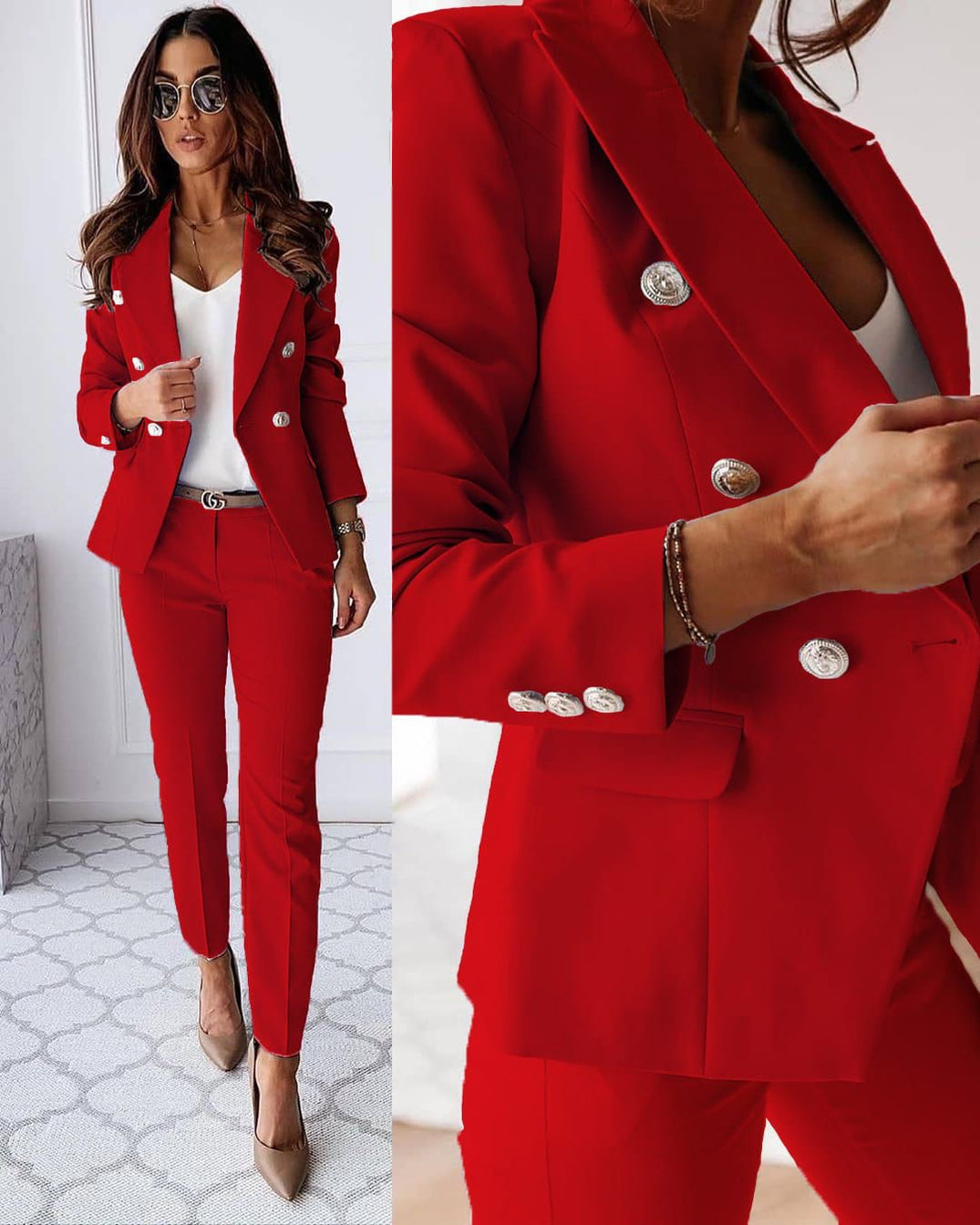 Women's suit set with tailored blazer and slim trousers, office-ready two-piece outfit